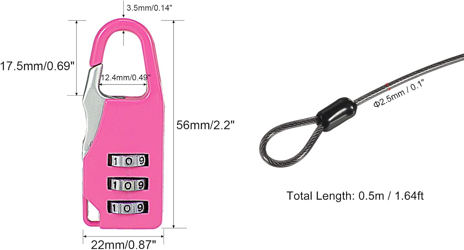 3mm Wire Shackle Padlock with 3-Digit Combination and Coated Lock Rope for Luggage & Doors - Rose Red & Black