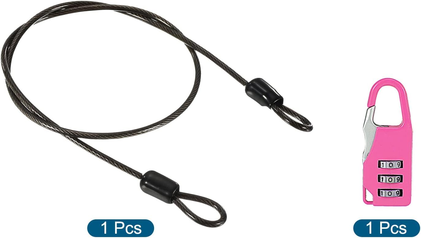 3mm Wire Shackle Padlock with 3-Digit Combination and Coated Lock Rope for Luggage & Doors - Rose Red & Black