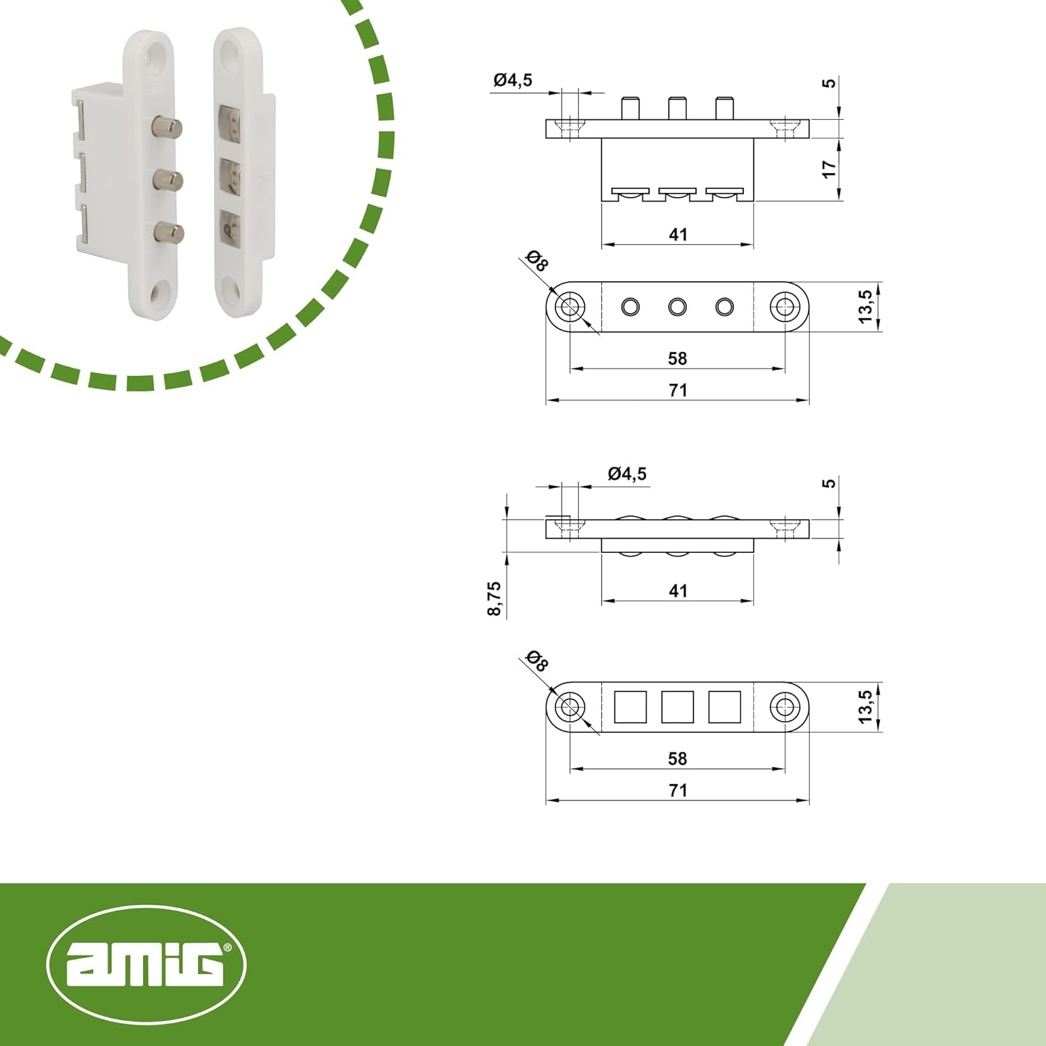 3P Amig Contact Door - White, 71 x 14 mm