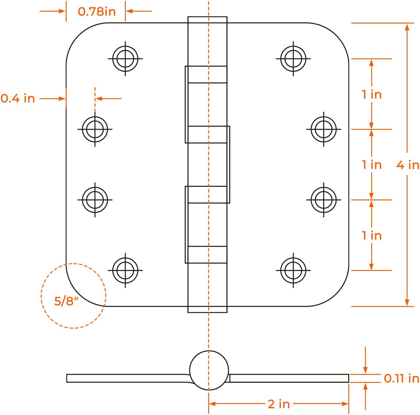 3PACK 4in Heavy-Duty Black Stainless Steel Ball Bearing Door Hinges - Exterior & Interior, 5/8'' Radius Corners