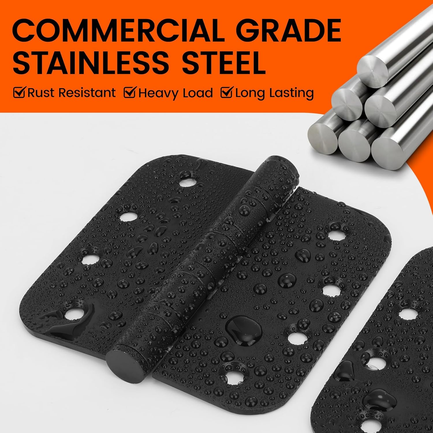 3PACK 4in Heavy-Duty Black Stainless Steel Ball Bearing Door Hinges - Exterior & Interior, 5/8'' Radius Corners