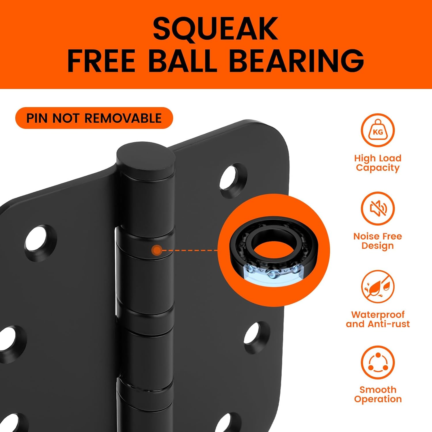 3PACK 4in Heavy-Duty Black Stainless Steel Ball Bearing Door Hinges - Exterior & Interior, 5/8'' Radius Corners