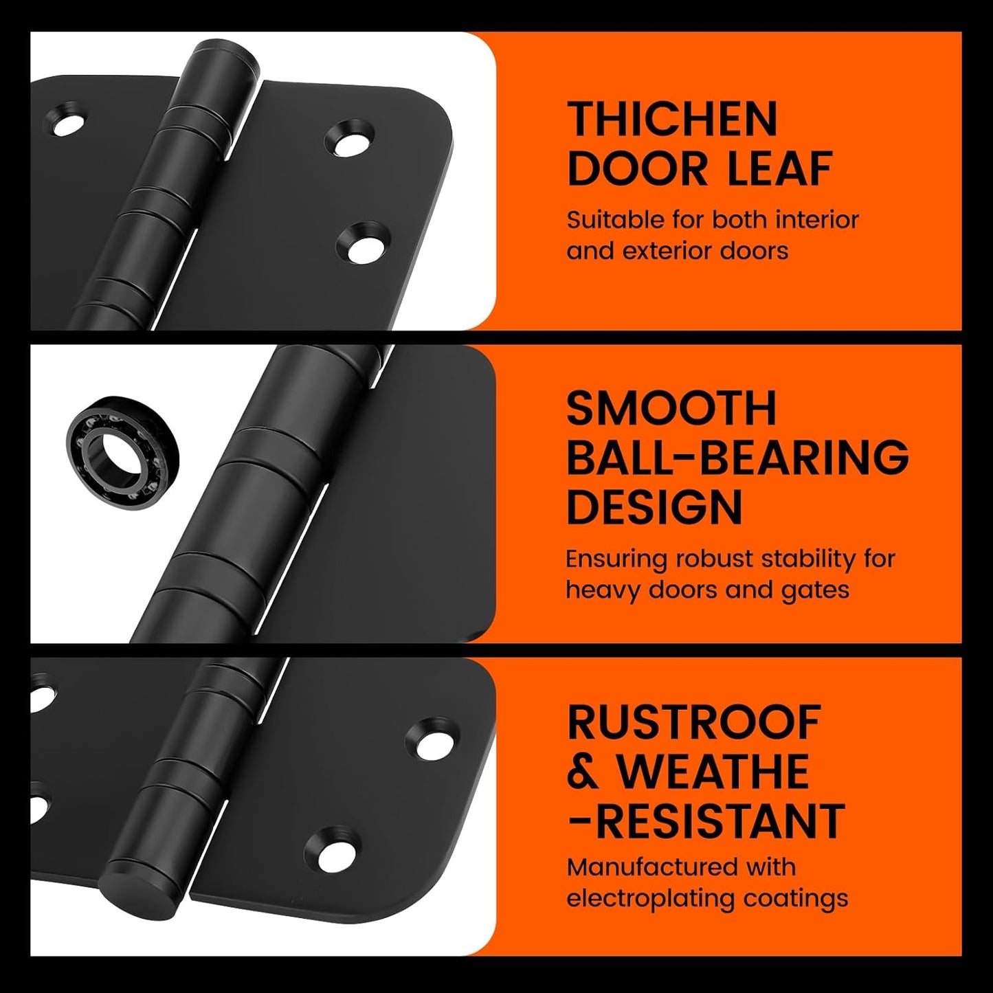 3PACK 4in Heavy-Duty Black Stainless Steel Ball Bearing Door Hinges - Exterior & Interior, 5/8'' Radius Corners