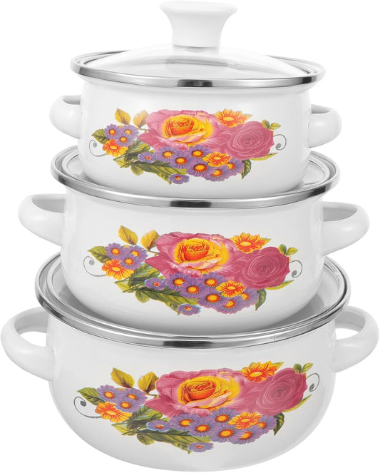3Pcs Flower Enamel Stockpot Set with Stackable Casserole and Sauce Pans for Kitchen Cooking