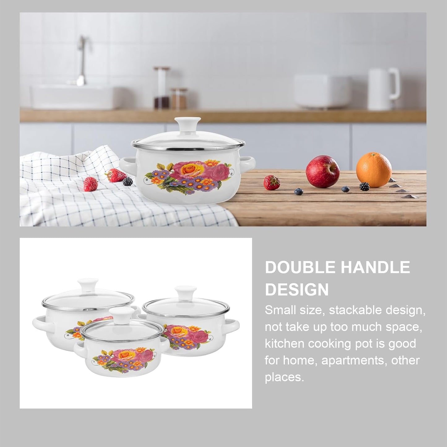 3Pcs Flower Enamel Stockpot Set with Stackable Casserole and Sauce Pans for Kitchen Cooking