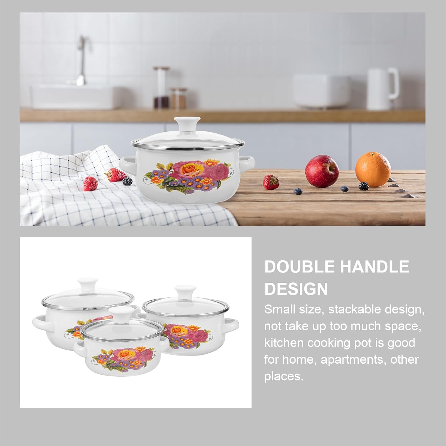3Pcs Flower Enamel Stockpot Set with Stackable Casserole and Sauce Pans for Kitchen Cooking