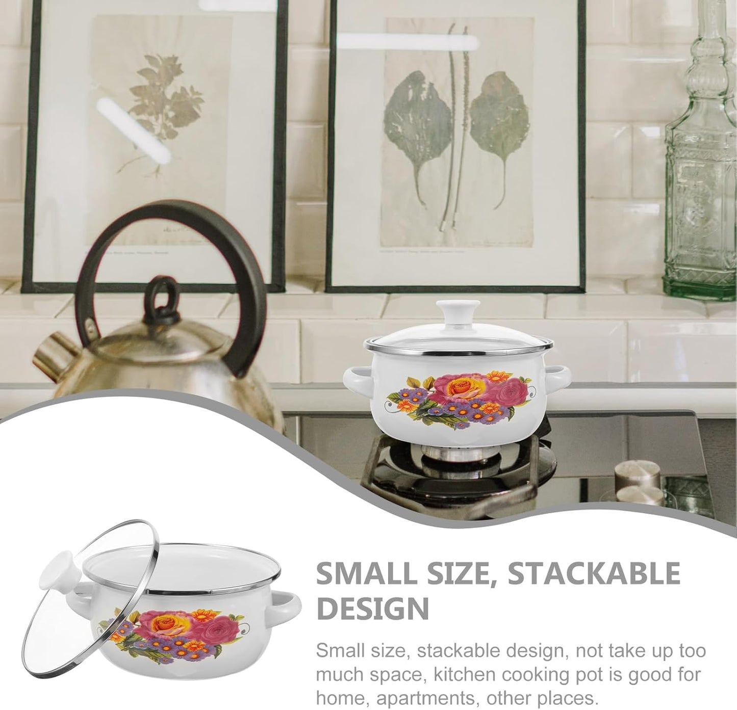 3Pcs Flower Enamel Stockpot Set with Stackable Casserole and Sauce Pans for Kitchen Cooking