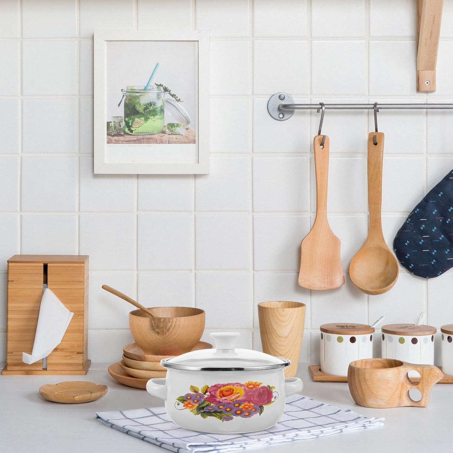 3Pcs Flower Enamel Stockpot Set with Stackable Casserole and Sauce Pans for Kitchen Cooking