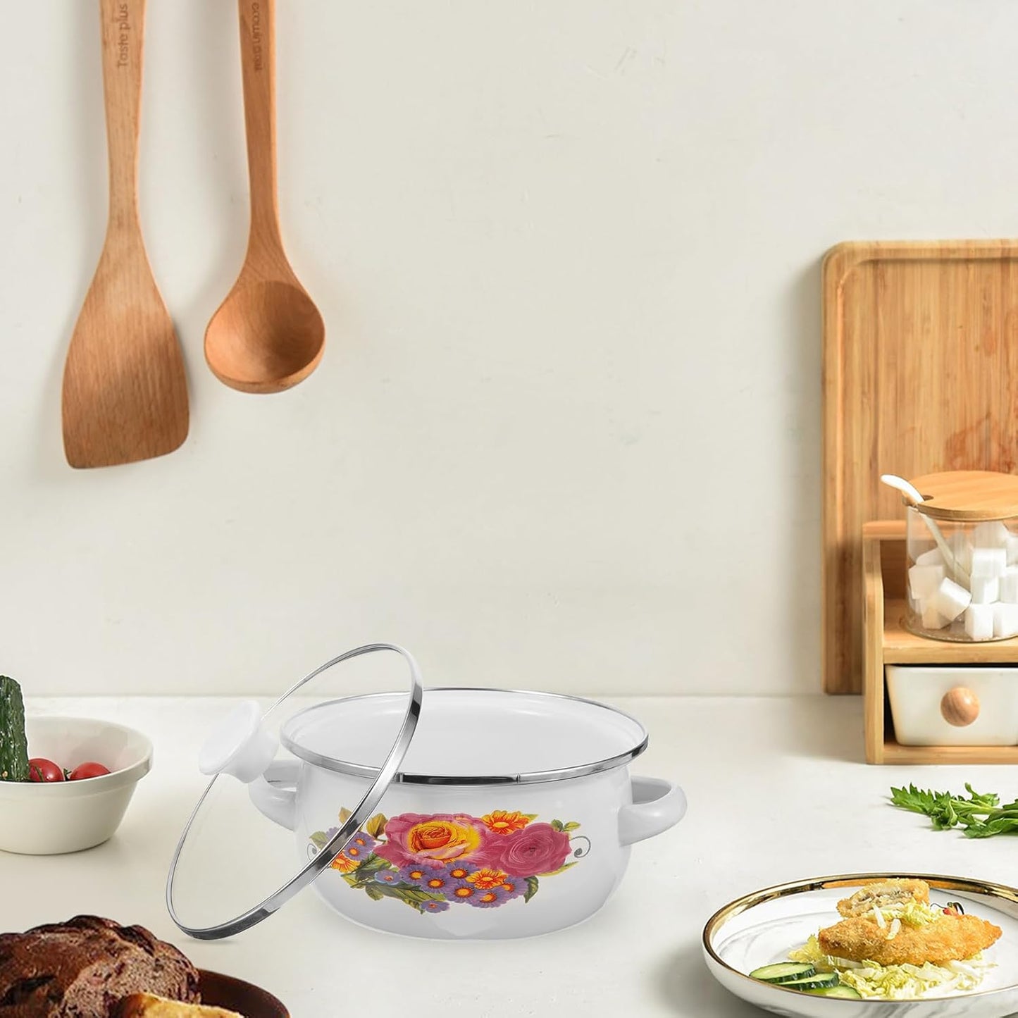 3Pcs Flower Enamel Stockpot Set with Stackable Casserole and Sauce Pans for Kitchen Cooking