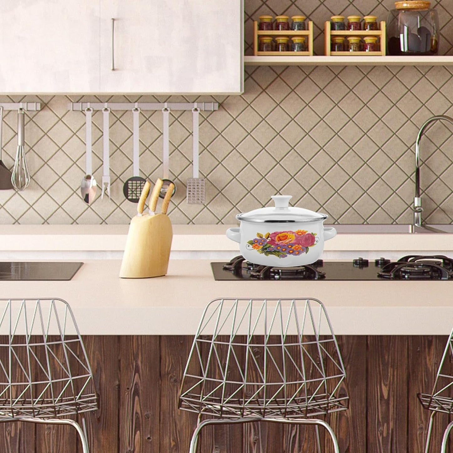 3Pcs Flower Enamel Stockpot Set with Stackable Casserole and Sauce Pans for Kitchen Cooking