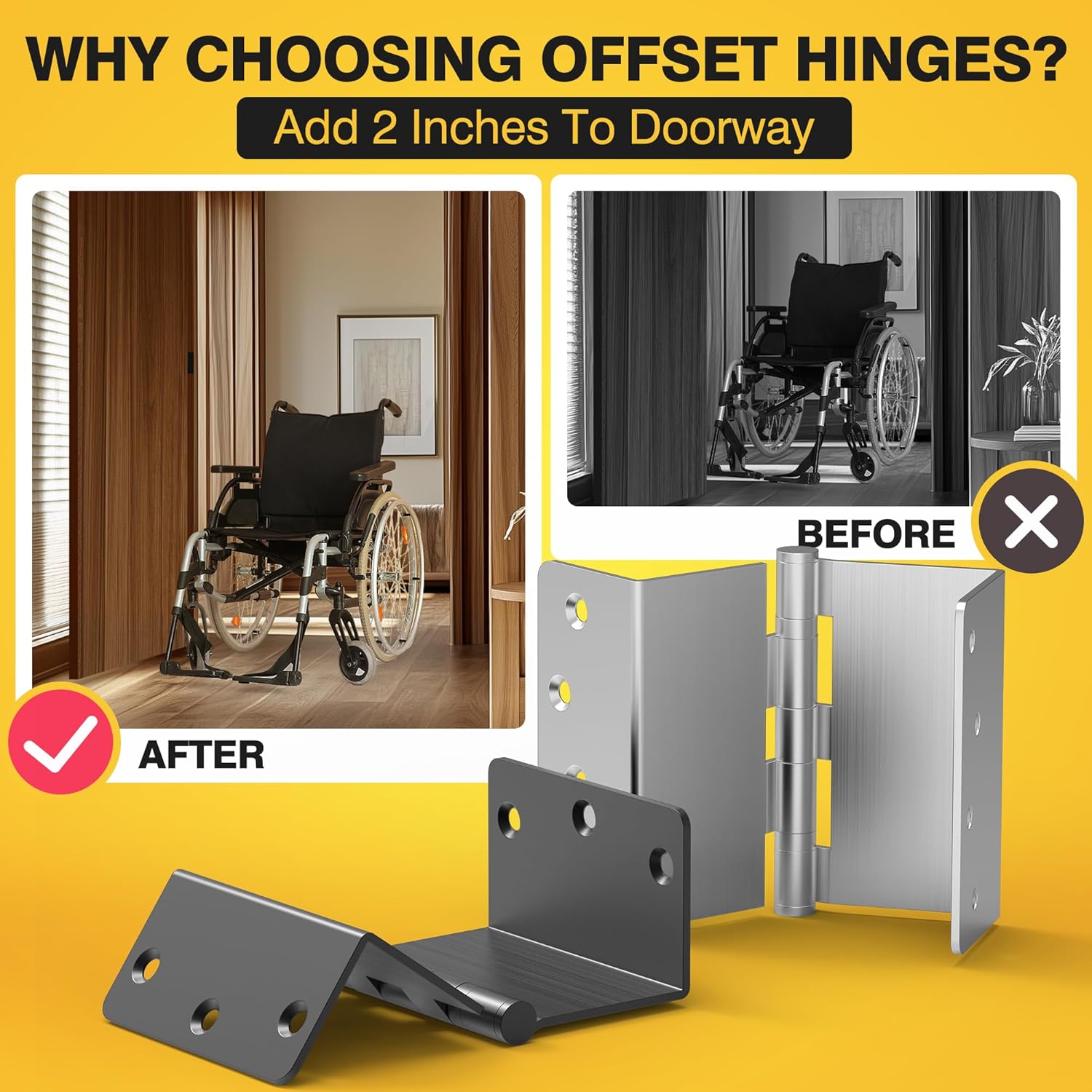 4" Ball Bearing Offset Door Hinges, 1/4" Radius Corner, Expandable - 2" Widen Doorway, Easy Installation, Brushed Nickel (3 Pack)