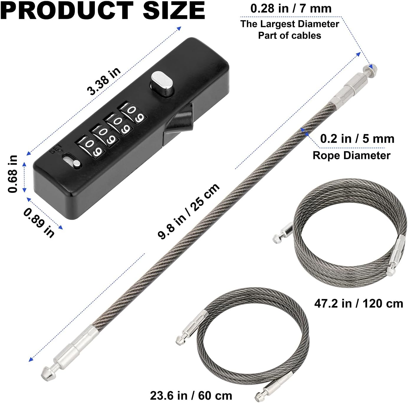 4-Digit Combination Cable Lock with 3 Rechangeable Steel Braided Ropes - Portable Gun-Grey Wire Lock for Bike, Locker, Cabinet, Fence