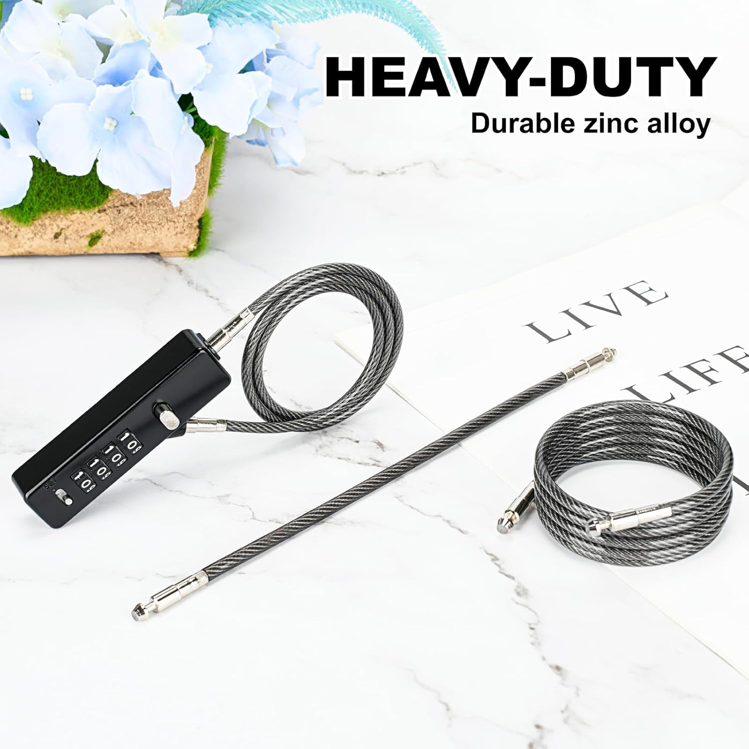 4-Digit Combination Cable Lock with 3 Rechangeable Steel Braided Ropes - Portable Gun-Grey Wire Lock for Bike, Locker, Cabinet, Fence