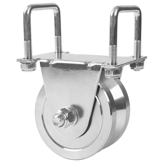 4" Heavy Duty V-Groove Wheel with Dual Bearing Bracket for Sliding Gates up to 3000lbs - Bolted External Mount, Solid Steel, Inverted V-Shape Track - No Welding Needed