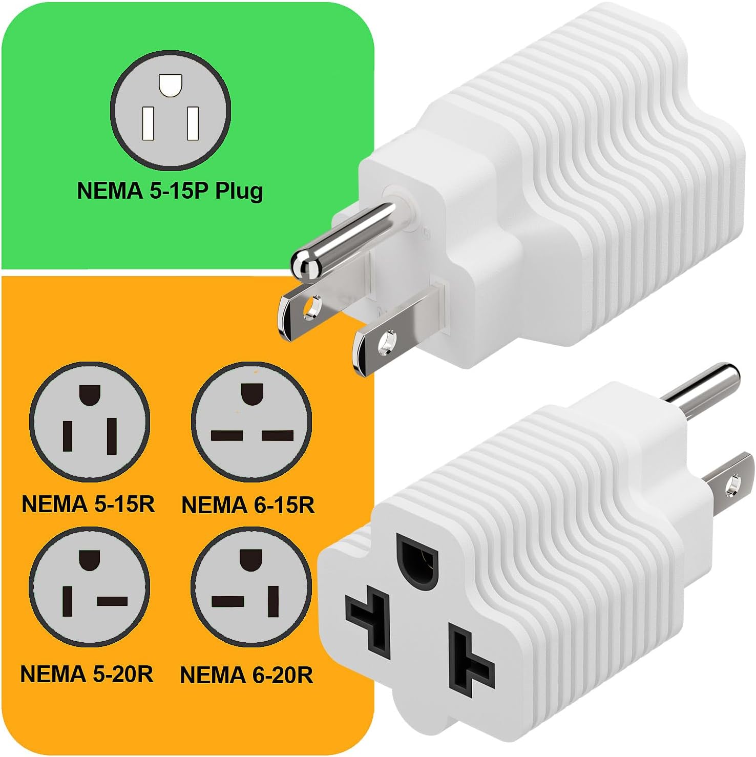 4-in-1 15 Amp Household AC Plug to 20 Amp T Blade Adapter, White - 15A 125V to 20A 250V Adapter