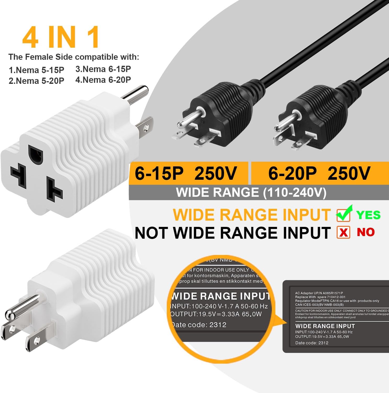 4-in-1 15 Amp Household AC Plug to 20 Amp T Blade Adapter, White - 15A 125V to 20A 250V Adapter