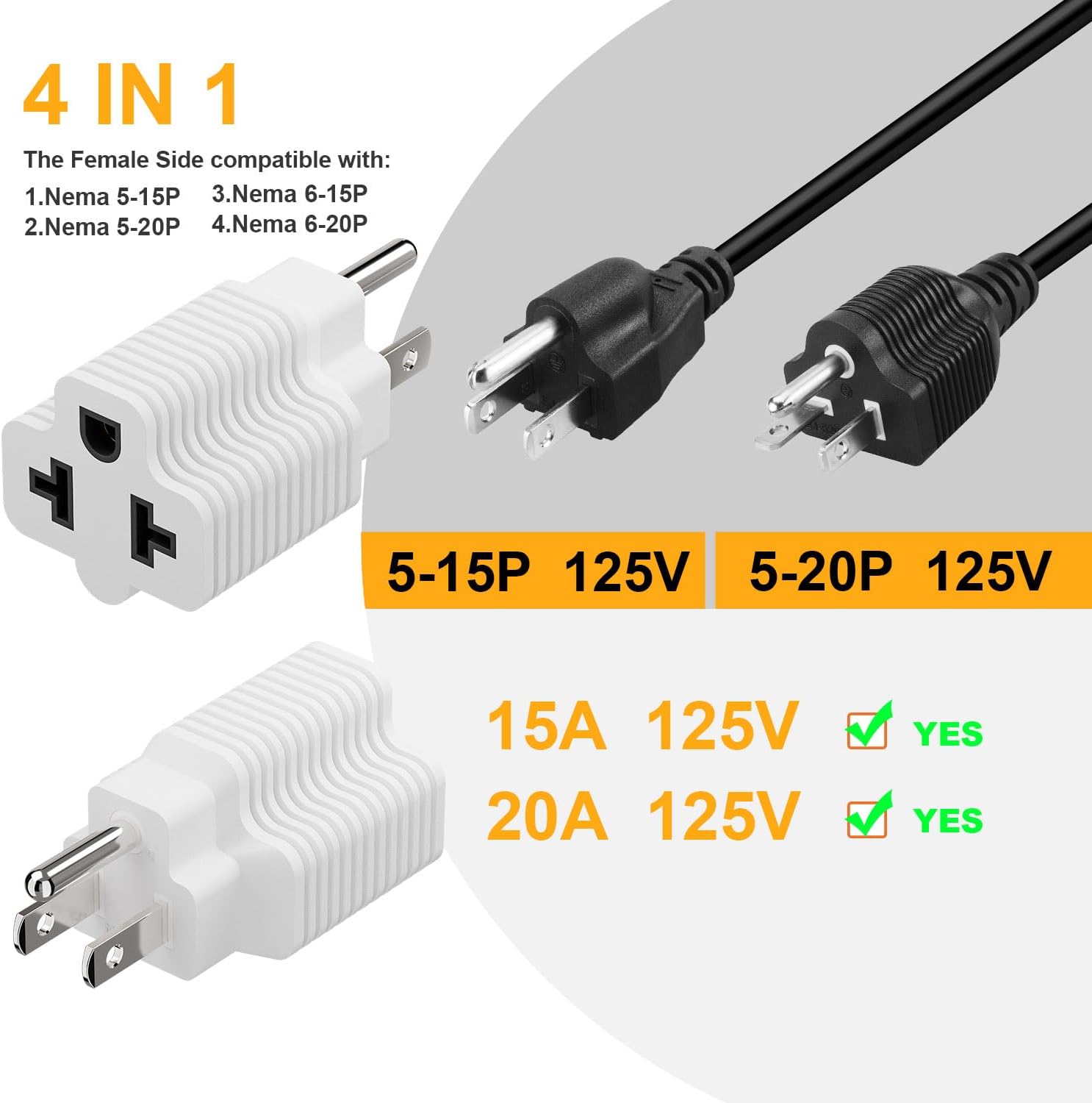 4-in-1 15 Amp Household AC Plug to 20 Amp T Blade Adapter, White - 15A 125V to 20A 250V Adapter