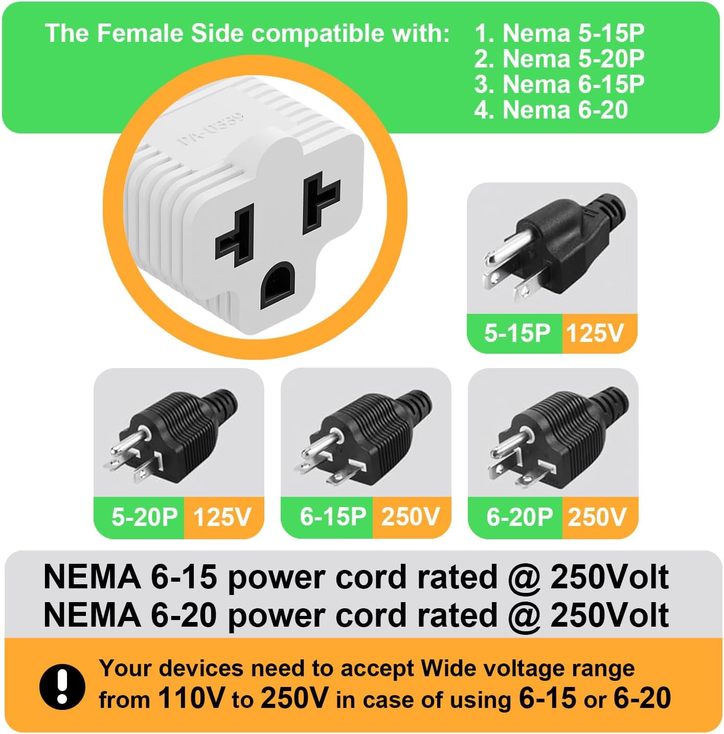 4-in-1 15 Amp Household AC Plug to 20 Amp T Blade Adapter, White - 15A 125V to 20A 250V Adapter