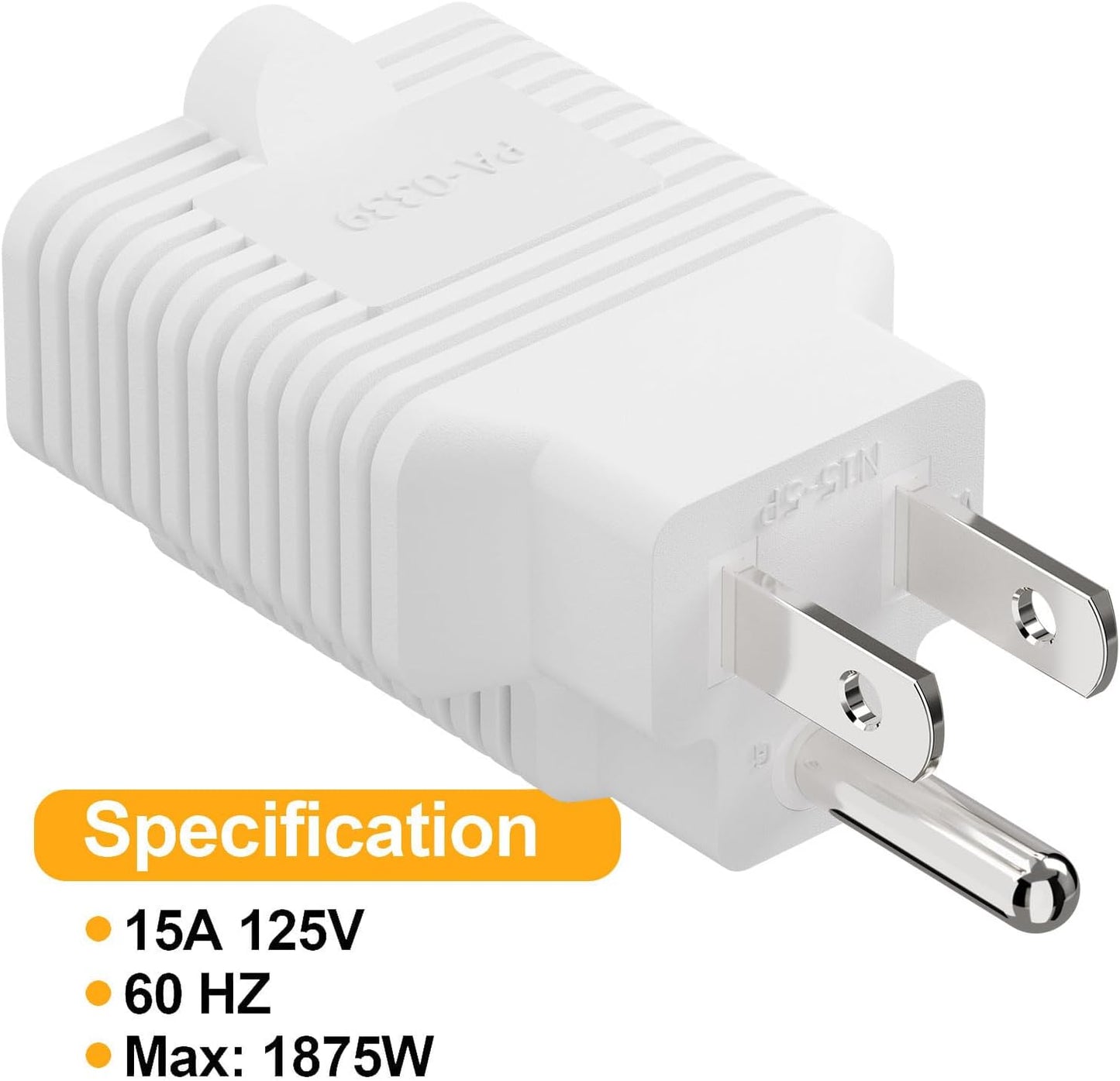 4-in-1 15 Amp Household AC Plug to 20 Amp T Blade Adapter, White - 15A 125V to 20A 250V Adapter