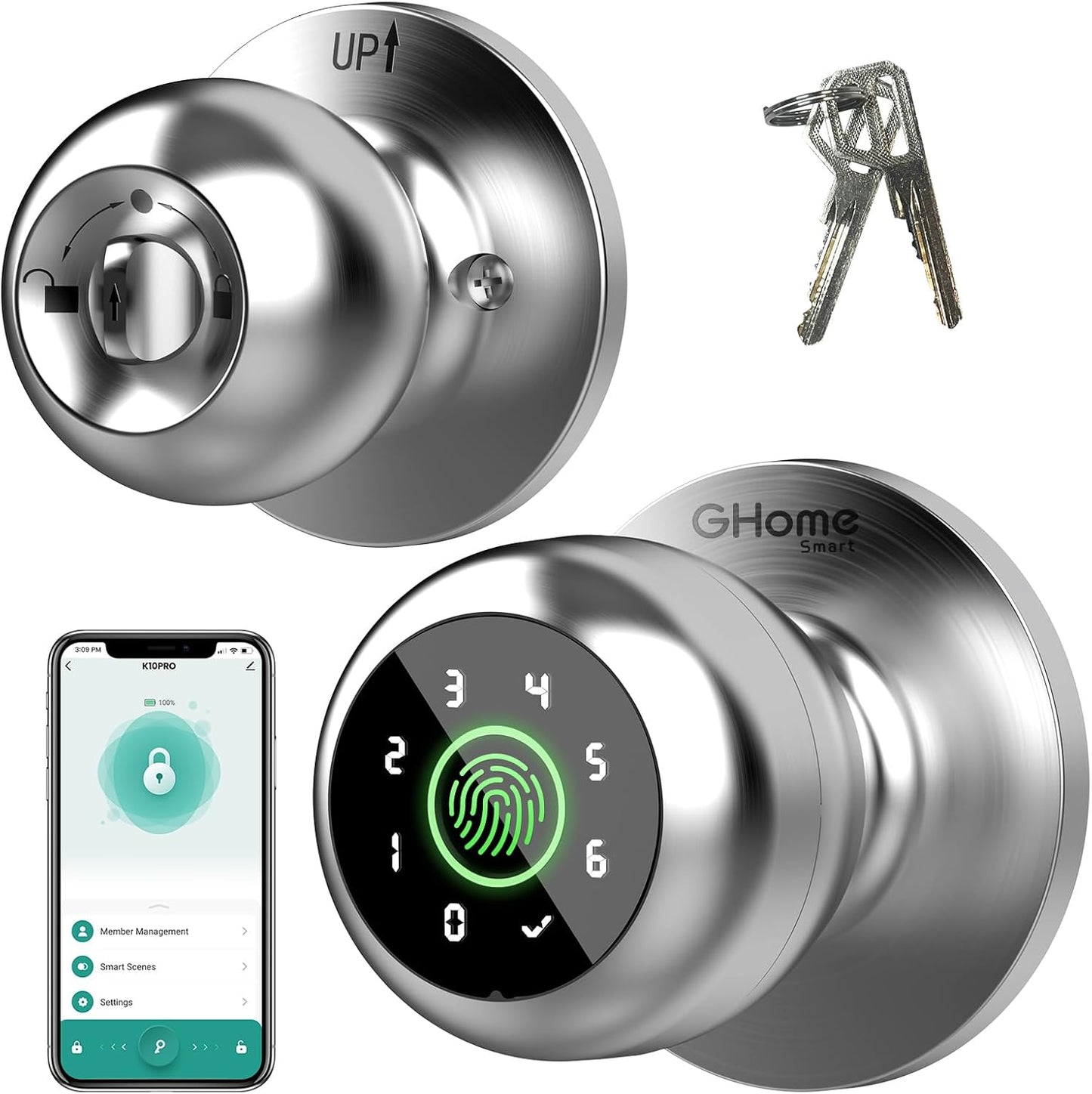 4-in-1 Smart Door Knob Fingerprint Lock with Keypad & App Control - Keyless Entry for Room, Garage, Office - Silver