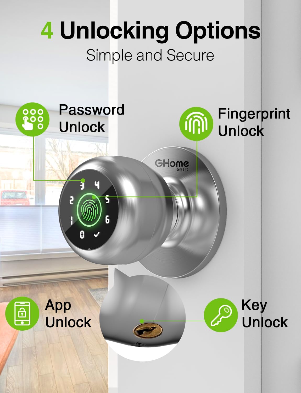 4-in-1 Smart Door Knob Fingerprint Lock with Keypad & App Control - Keyless Entry for Room, Garage, Office - Silver