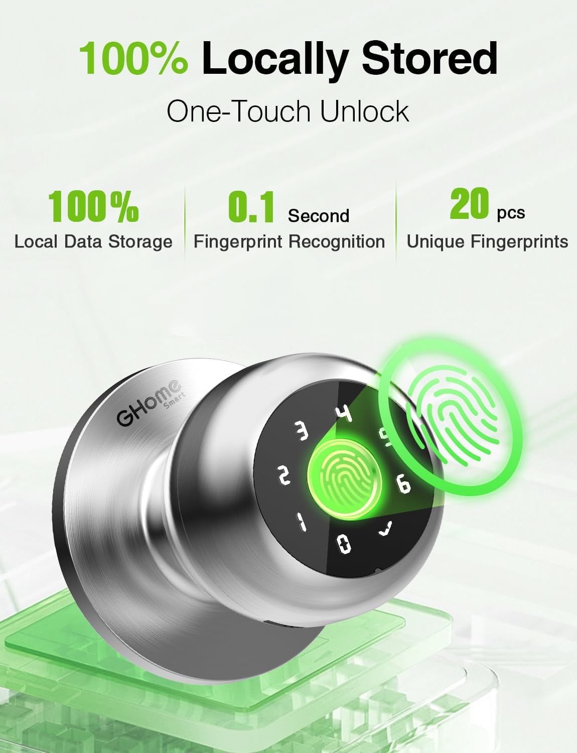 4-in-1 Smart Door Knob Fingerprint Lock with Keypad & App Control - Keyless Entry for Room, Garage, Office - Silver