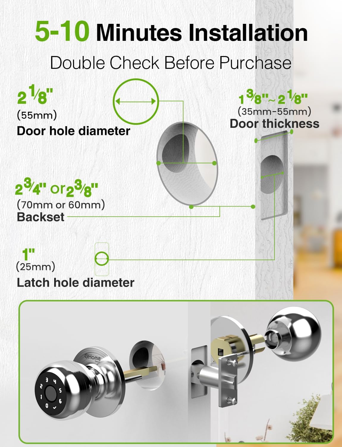 4-in-1 Smart Door Knob Fingerprint Lock with Keypad & App Control - Keyless Entry for Room, Garage, Office - Silver