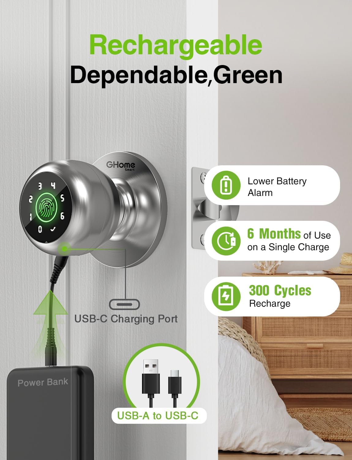 4-in-1 Smart Door Knob Fingerprint Lock with Keypad & App Control - Keyless Entry for Room, Garage, Office - Silver