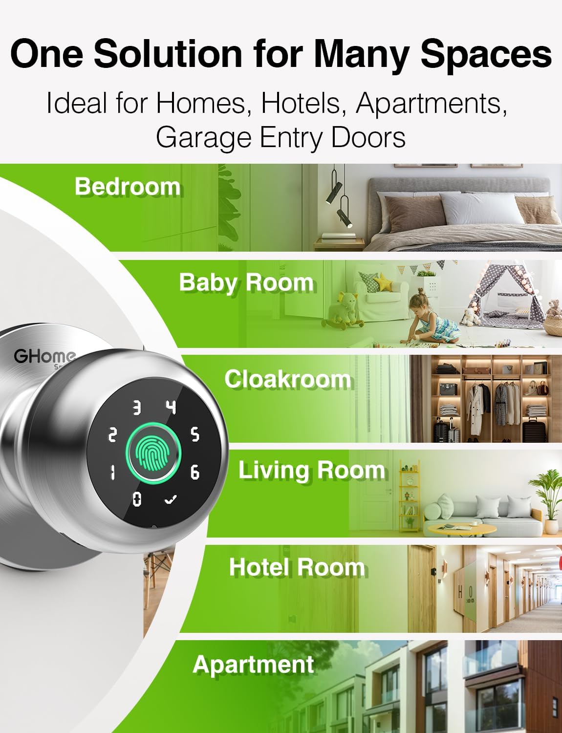 4-in-1 Smart Door Knob Fingerprint Lock with Keypad & App Control - Keyless Entry for Room, Garage, Office - Silver