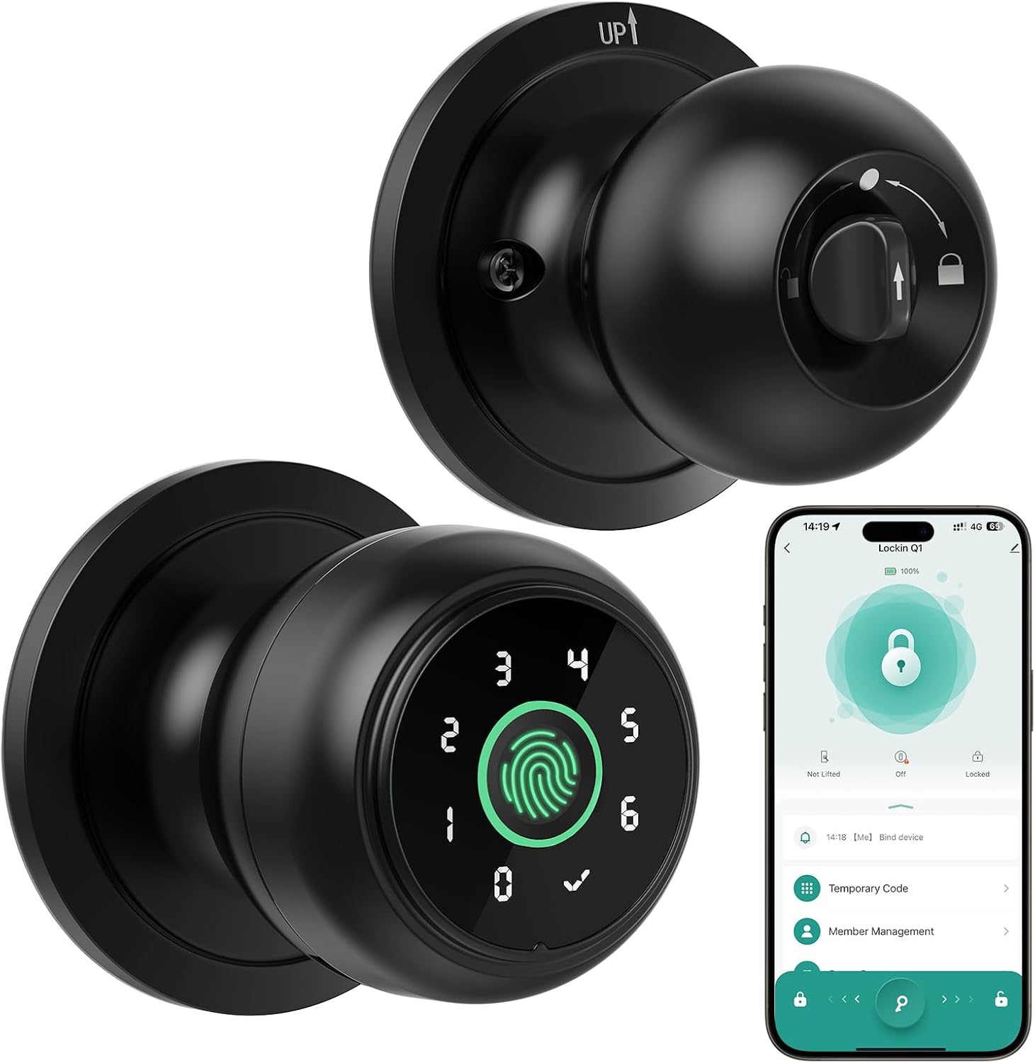 4-in-1 Smart Door Knob with Fingerprint & APP Control, Keyless Entry, Auto Lock - Ideal for Bedrooms, Garage, Apartments & Offices