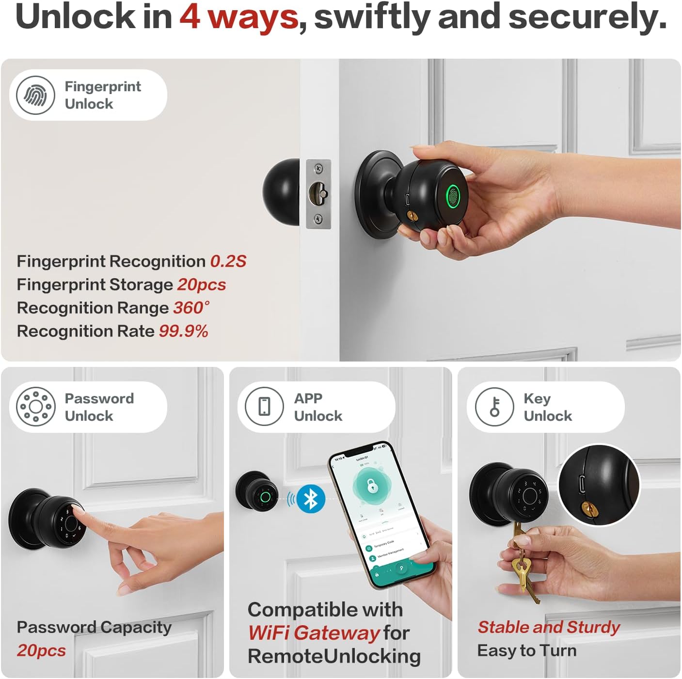 4-in-1 Smart Door Knob with Fingerprint & APP Control, Keyless Entry, Auto Lock - Ideal for Bedrooms, Garage, Apartments & Offices