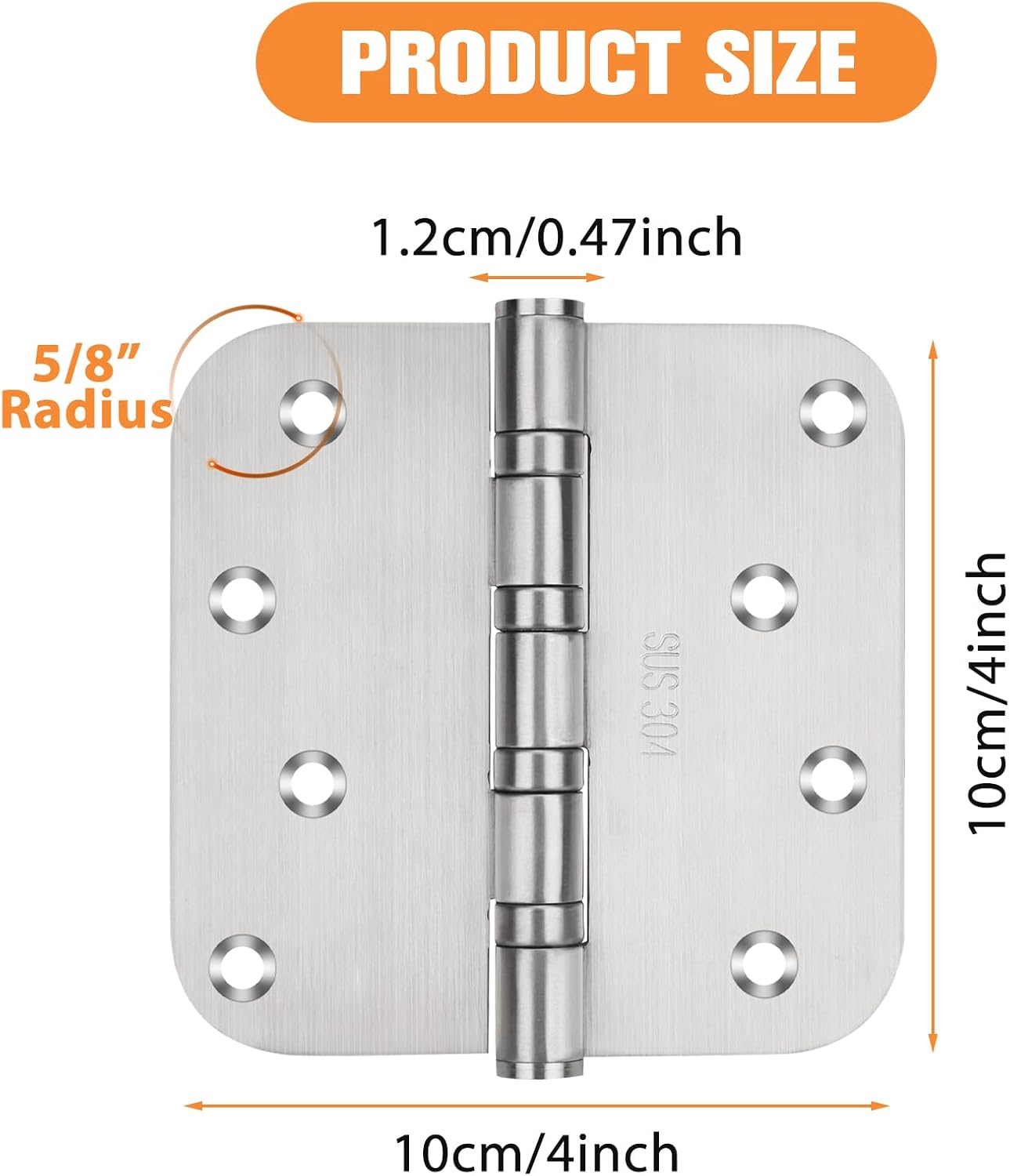 4 Inch Ball Bearing 304 Stainless Steel Door Hinges for Left & Right Doors - Interior & Exterior Hinges with 5/8" Radius Corners - 4'' X 4