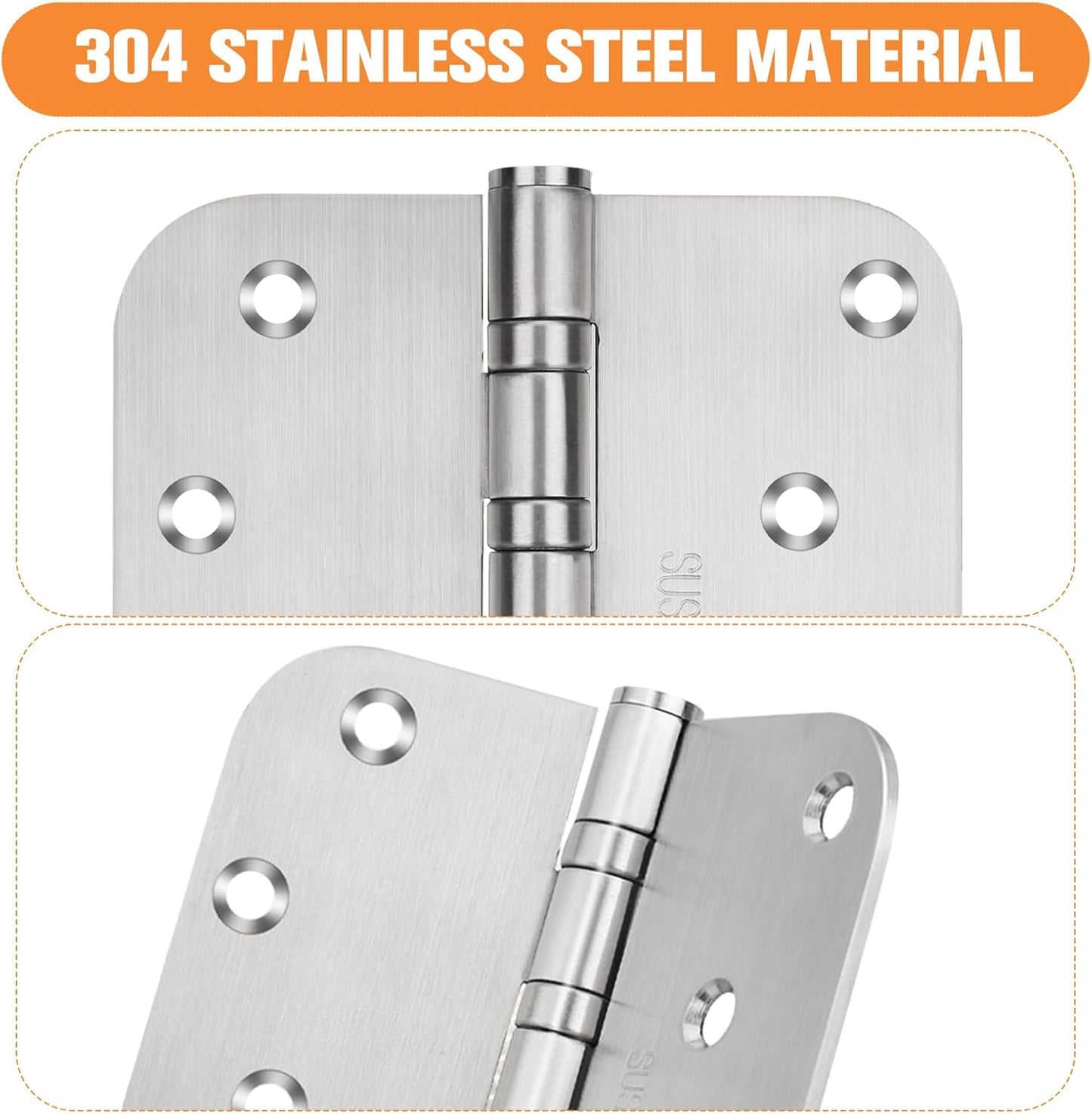4 Inch Ball Bearing 304 Stainless Steel Door Hinges for Left & Right Doors - Interior & Exterior Hinges with 5/8" Radius Corners - 4'' X 4