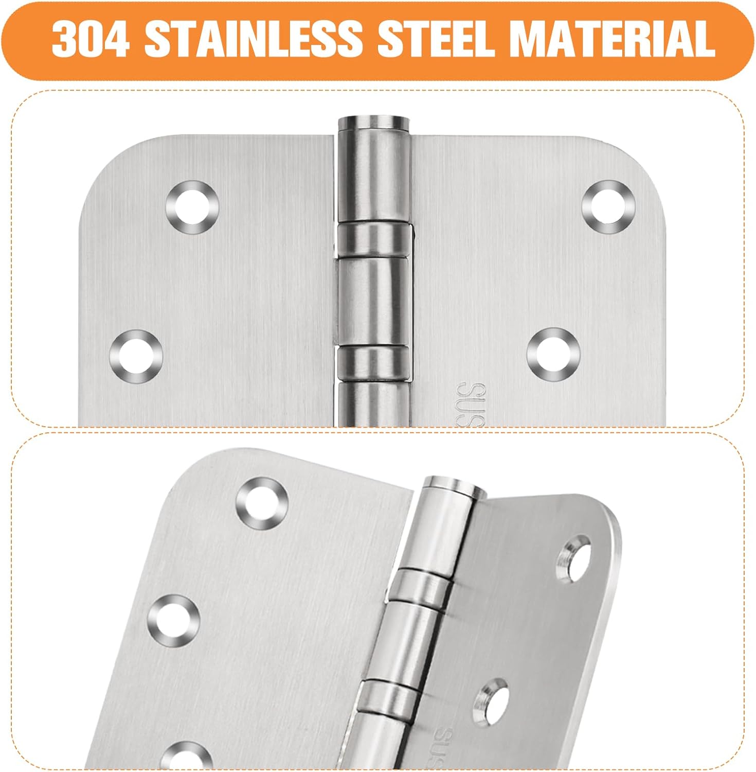 4 Inch Ball Bearing 304 Stainless Steel Door Hinges for Left & Right Doors - Interior & Exterior Hinges with 5/8" Radius Corners - 4'' X 4