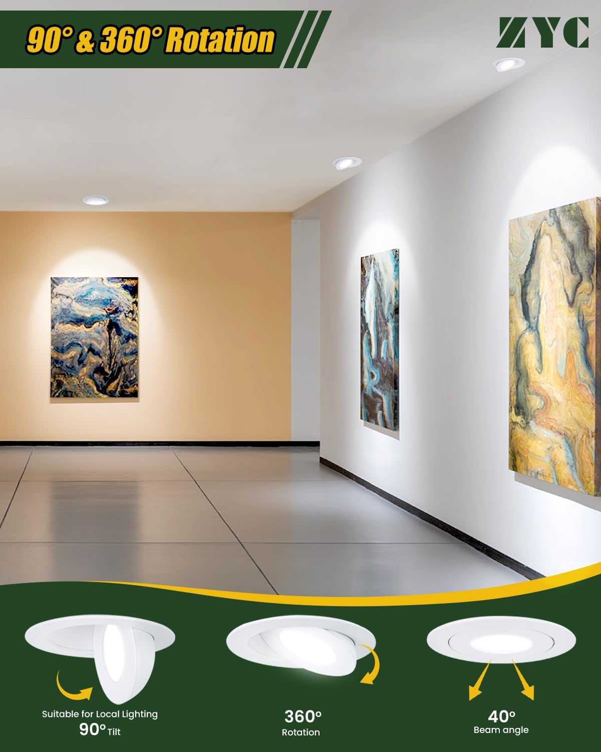 4 Inch ZYC Gimbal LED Recessed Lighting 5CCT 9W 360° Rotation Adjustable Eyeball Light - Pack of 4 White - Dimmable Canless Wafer Downlight