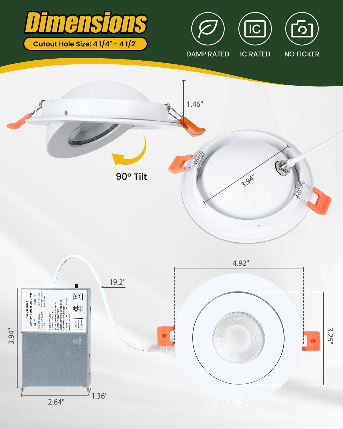 4 Inch ZYC Gimbal LED Recessed Lighting 5CCT 9W 360° Rotation Adjustable Eyeball Light - Pack of 4 White - Dimmable Canless Wafer Downlight