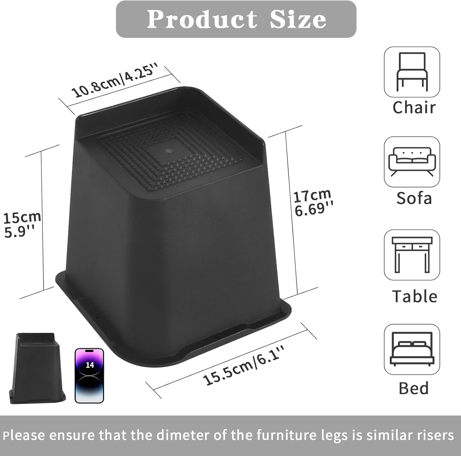 4 Pack 6 Inch Affogato Bed Risers - Heavy Duty Furniture Lifts for Beds, Chairs, Tables - Supports up to 5000 lbs - Black
