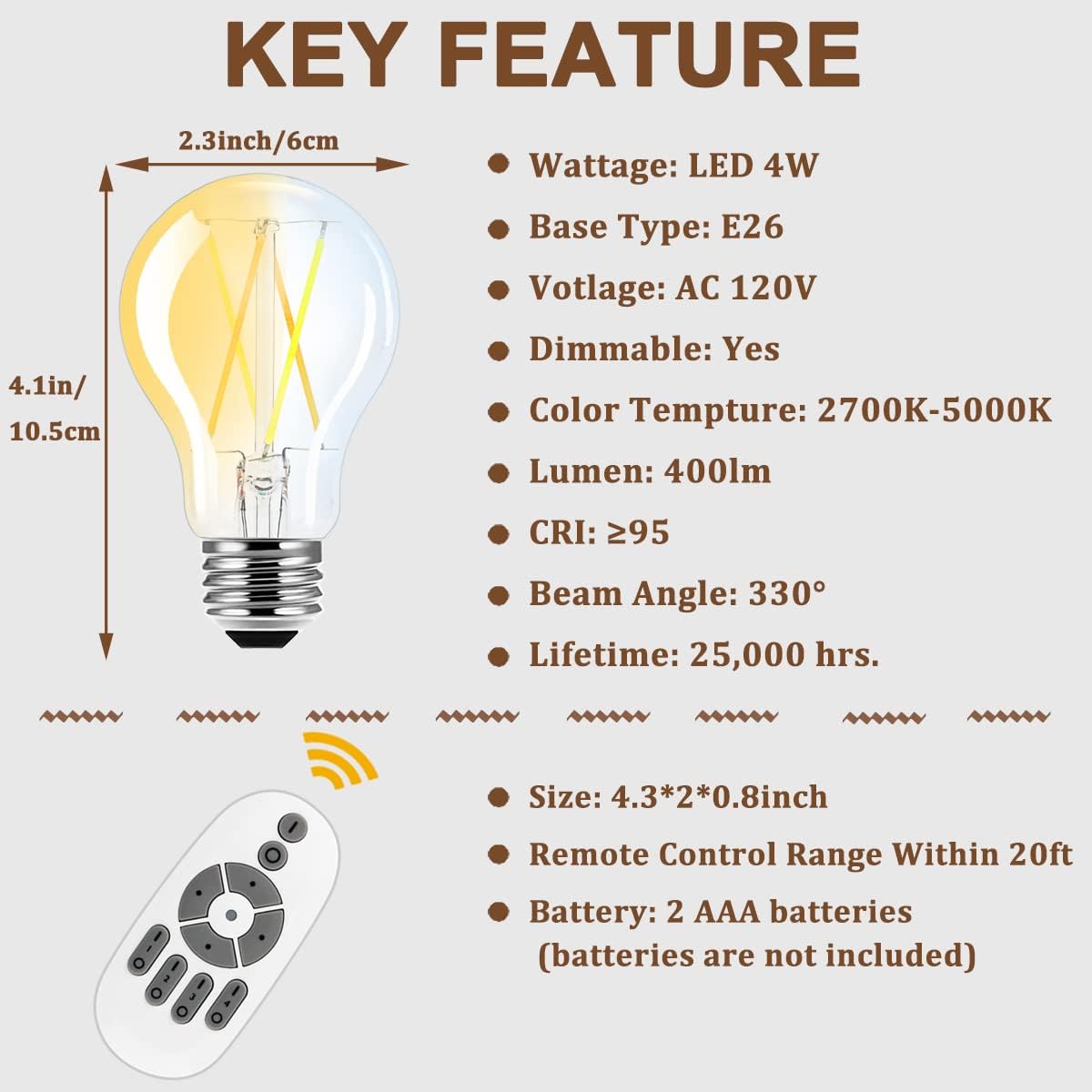 4-Pack Acidea Dimmable LED Filament Light Bulbs with Remote Control - E26 Base, 4W (40W Equivalent), Adjustable Color Temp & Brightness