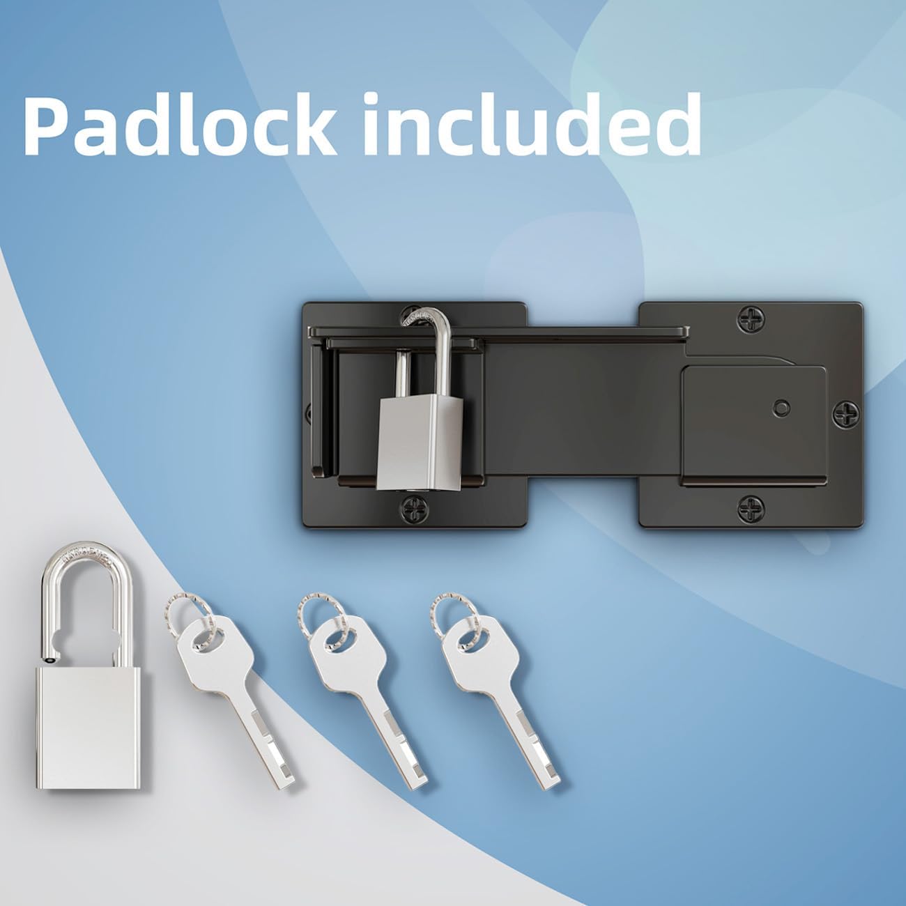 4 Pack Adjustable Carbon Steel Flip Gate Latch Lock for Vinyl Gates, Sliding Doors, Wooden Fence, Barn Door, Shed, Garage, Yard - Includes Padlock