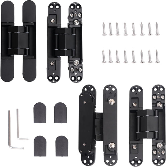 4-Pack AnvFlik 6" Heavy Duty Black Hidden Door Hinges, Zinc Alloy Concealed Hinges 6"x2.5"x1", 180° Swing, 3 Way Adjustable Hinge