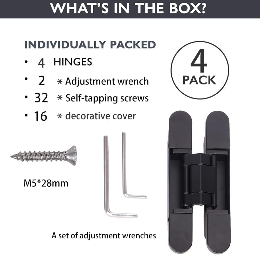 4-Pack AnvFlik 6" Heavy Duty Black Hidden Door Hinges, Zinc Alloy Concealed Hinges 6"x2.5"x1", 180° Swing, 3 Way Adjustable Hinge