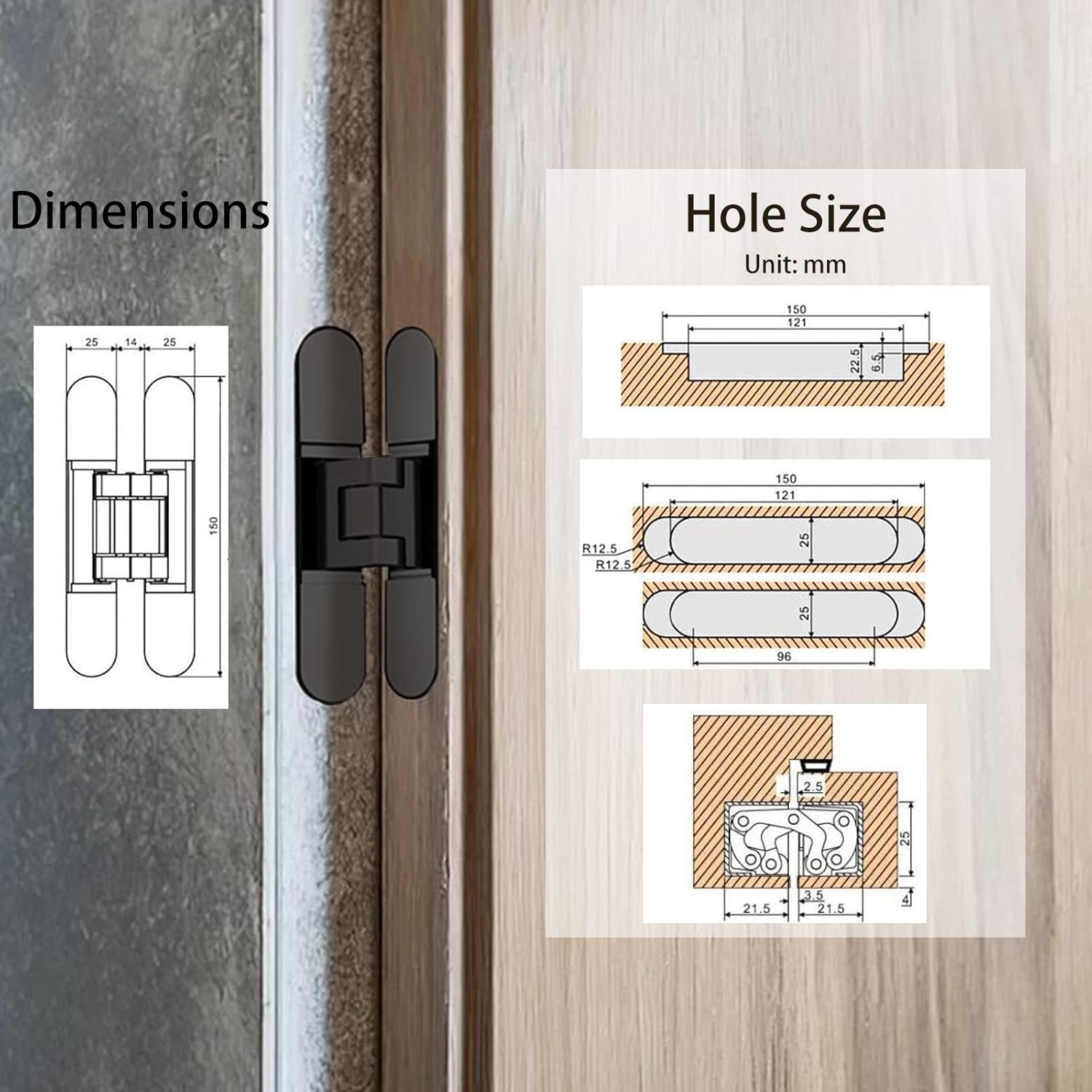 4-Pack AnvFlik 6" Heavy Duty Black Hidden Door Hinges, Zinc Alloy Concealed Hinges 6"x2.5"x1", 180° Swing, 3 Way Adjustable Hinge