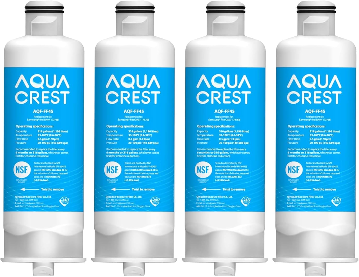 4-Pack Aqua Crest DA97-17376B Refrigerator Water Filter for Samsung DA97-08006C, HAF-QIN/EXP, RS27T5200SR, RF28T5001SR, RF24R7201SR, RF28R6201SR, AQF-FF45 - Replacement Filter Pack