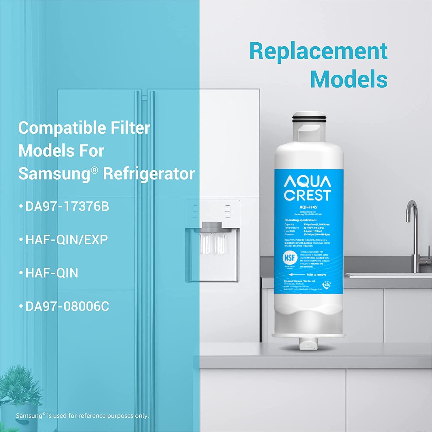 4-Pack Aqua Crest DA97-17376B Refrigerator Water Filter for Samsung DA97-08006C, HAF-QIN/EXP, RS27T5200SR, RF28T5001SR, RF24R7201SR, RF28R6201SR, AQF-FF45 - Replacement Filter Pack