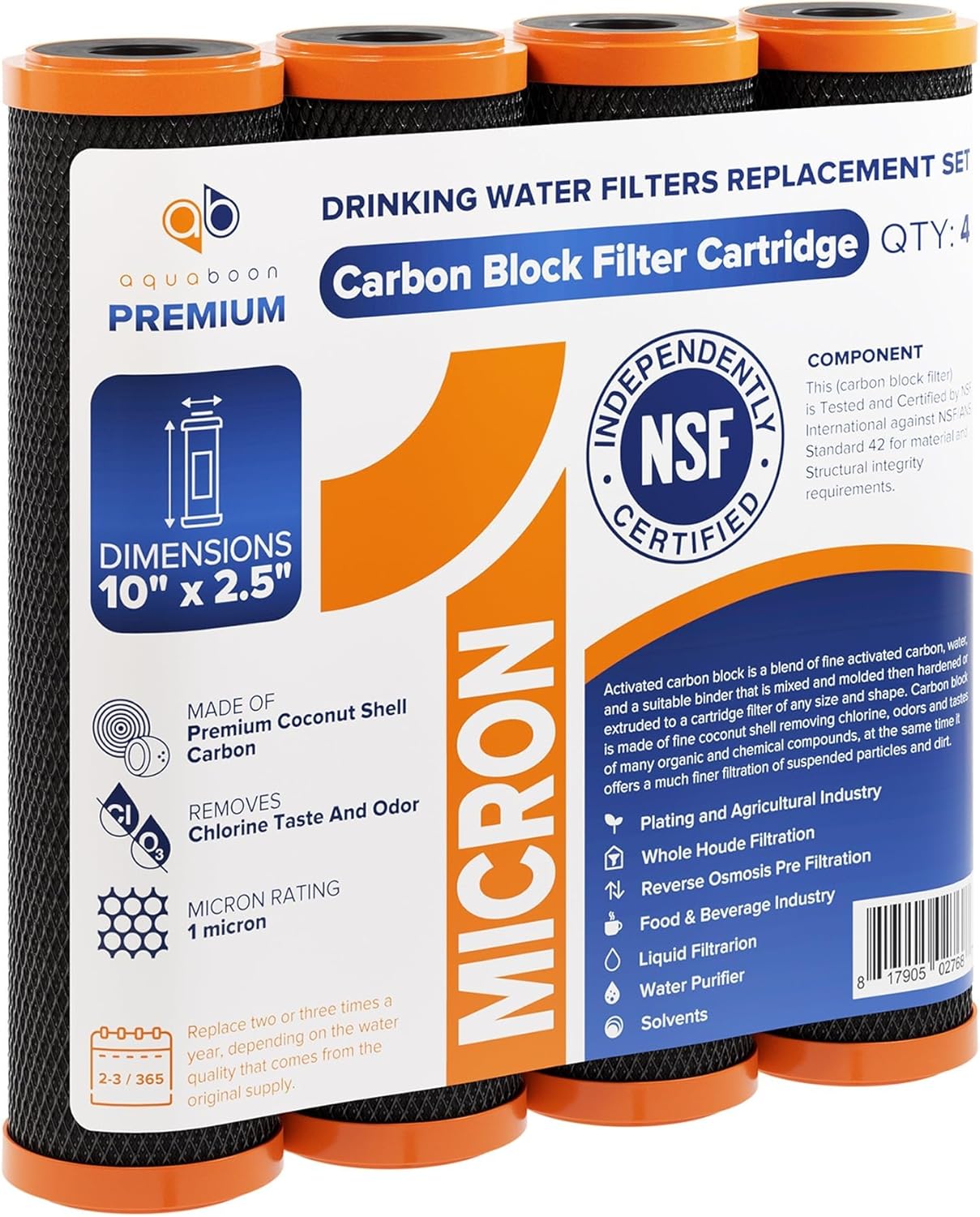 4 Pack Aquaboon 1 Micron CTO Carbon Block Water Filter Cartridges for GE FXWTC - 10 x 2.5" Replacement Filters for Countertop & Under Sink Systems