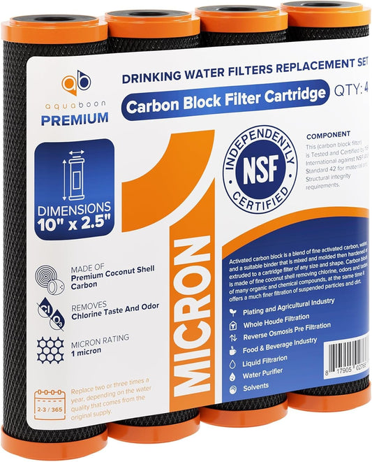 4 Pack Aquaboon 1 Micron CTO Carbon Block Water Filter Cartridges for GE FXWTC - 10 x 2.5" Replacement Filters for Countertop & Under Sink Systems