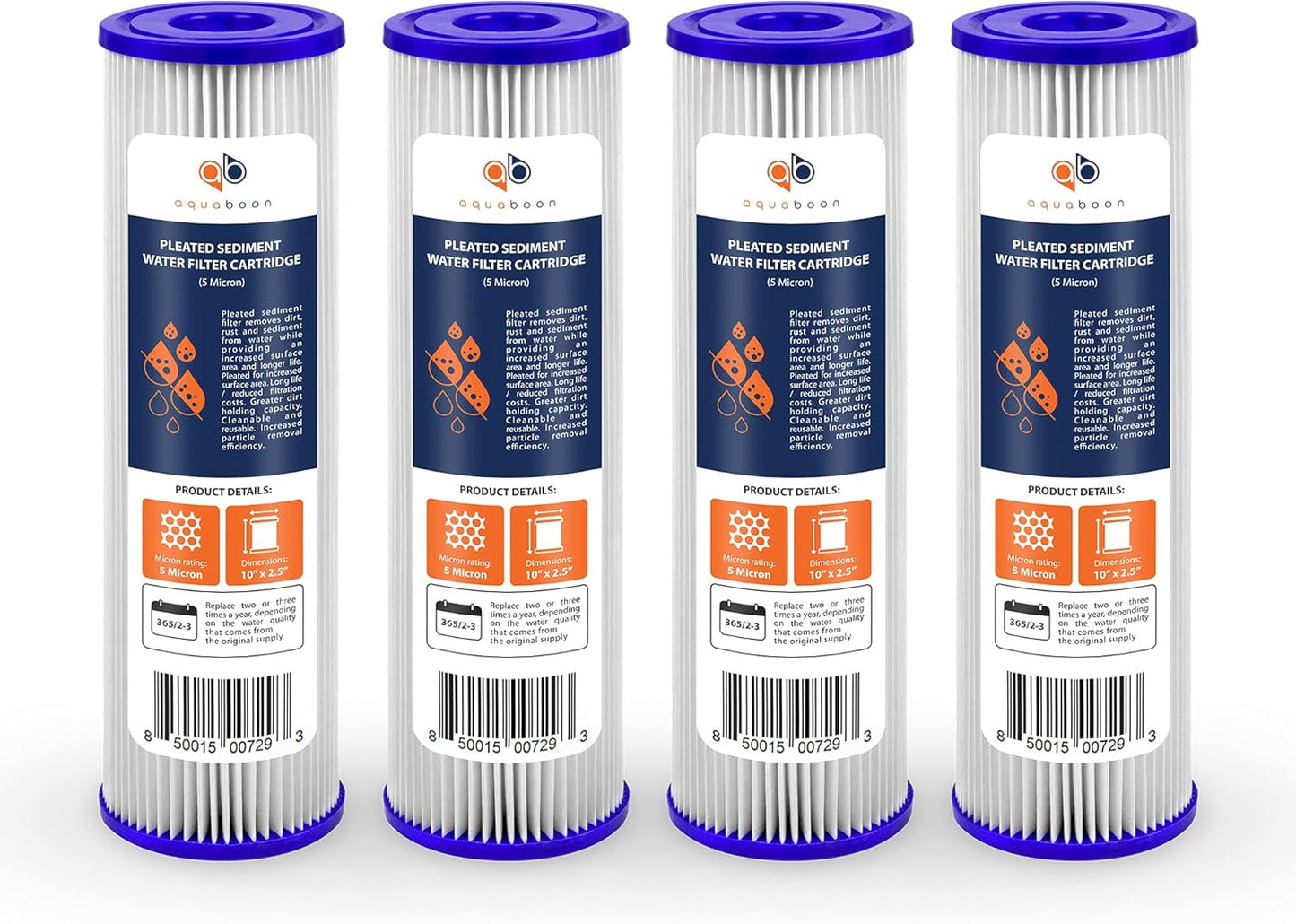 4-Pack Aquaboon 5 Micron Whole House Pleated Sediment Filter Cartridge, 10x2.5, Compatible with WFPFC3002 & WHKF-WHPL - Well Water Filter Replacement