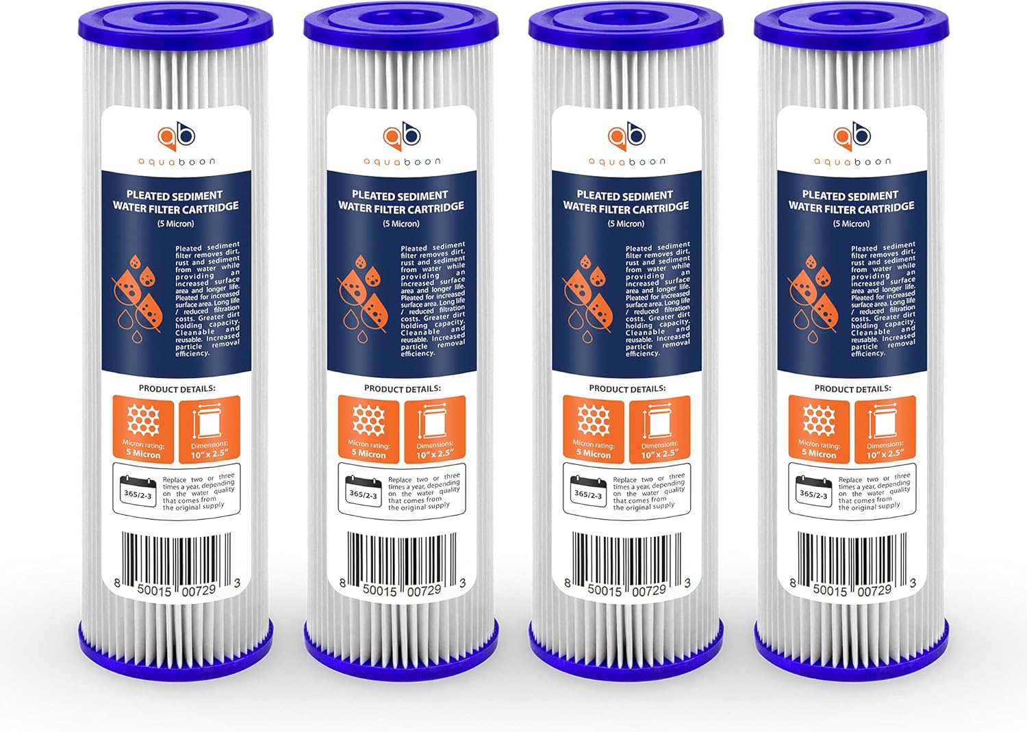 4-Pack Aquaboon 5 Micron Whole House Pleated Sediment Filter Cartridge, 10x2.5, Compatible with WFPFC3002 & WHKF-WHPL - Well Water Filter Replacement