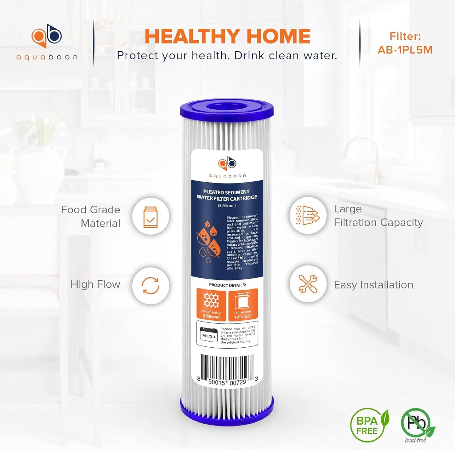 4-Pack Aquaboon 5 Micron Whole House Pleated Sediment Filter Cartridge, 10x2.5, Compatible with WFPFC3002 & WHKF-WHPL - Well Water Filter Replacement