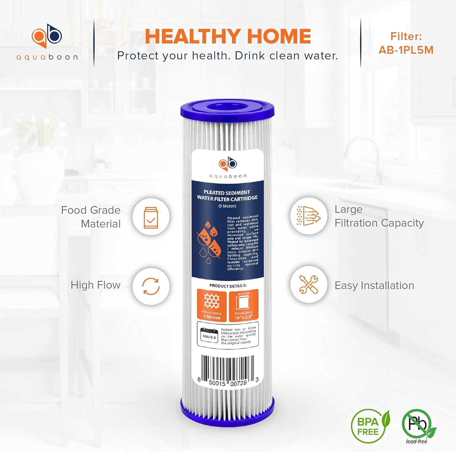 4-Pack Aquaboon 5 Micron Whole House Pleated Sediment Filter Cartridge, 10x2.5, Compatible with WFPFC3002 & WHKF-WHPL - Well Water Filter Replacement